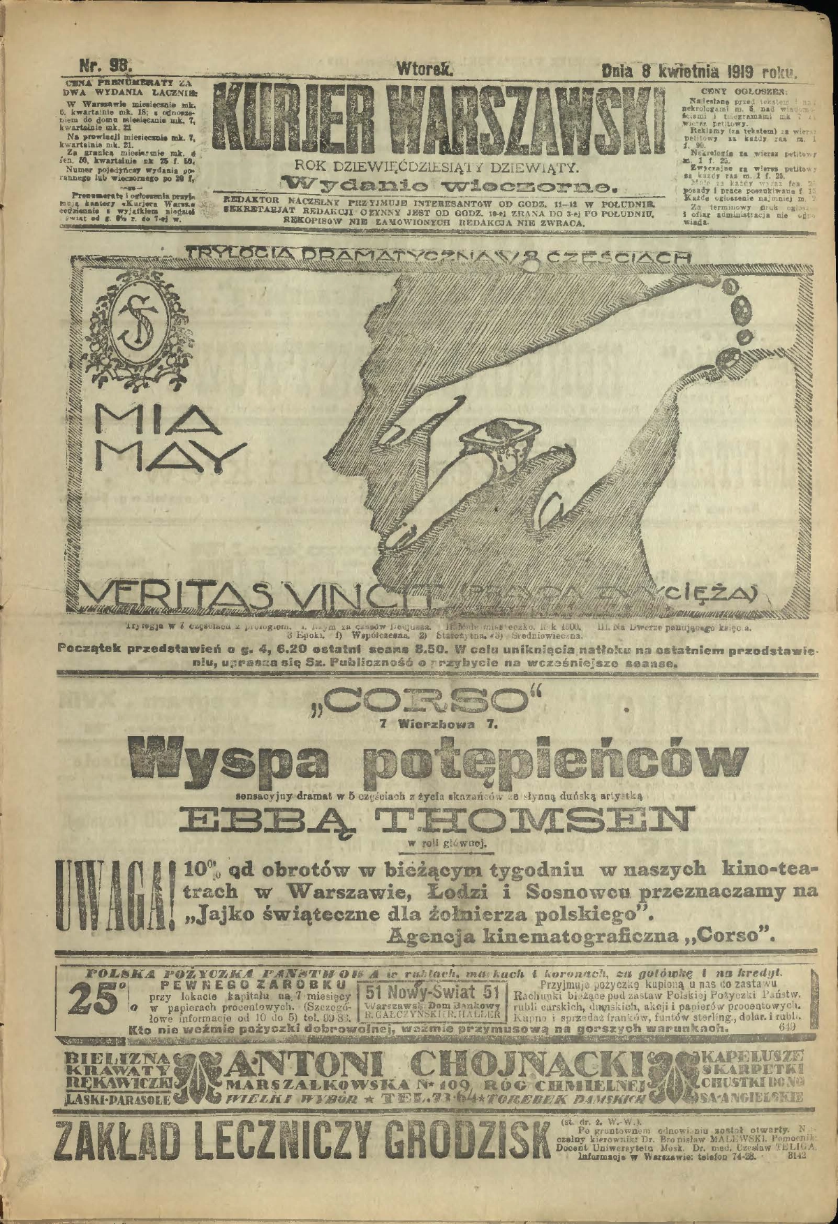 Kurjer Warszawski wydanie wieczorne. R. 99 1919 nr 98 Strona 01