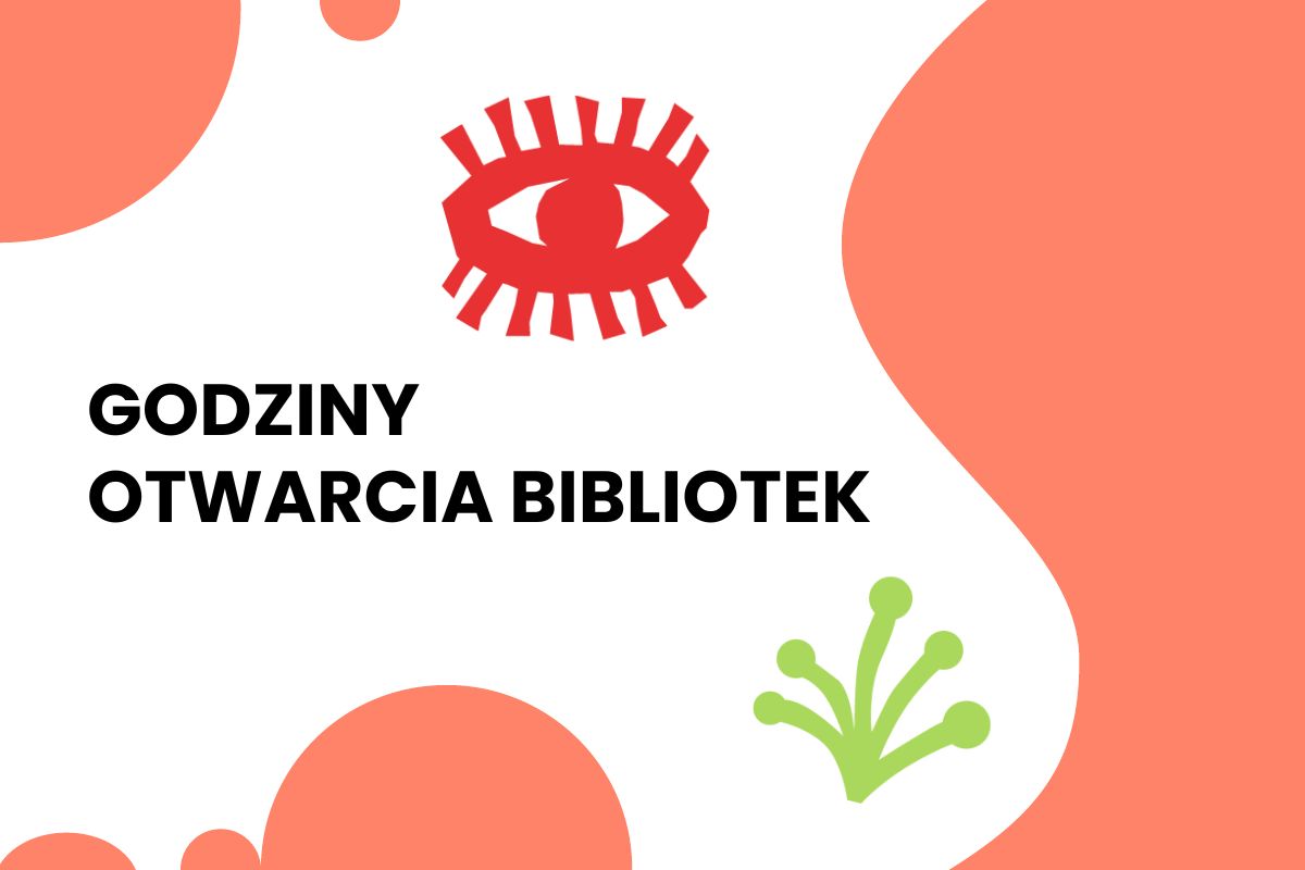 Na białym tle elementy ozdobne w kolorze czerwonym, zielonym i pomarańczowym oraz napis: godziny otwarcia bibliotek.