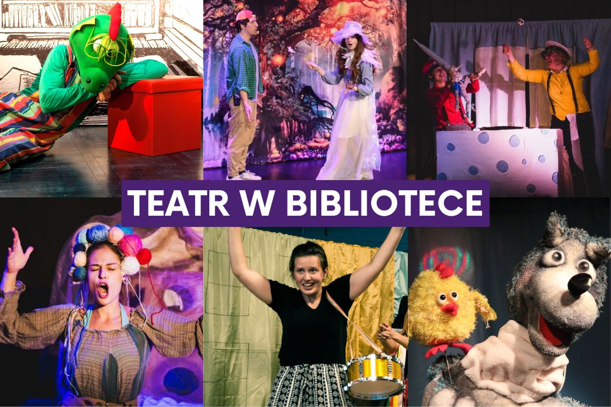 Kolaż zdjęć z sześciu przedstawień teatralnych dla dzieci