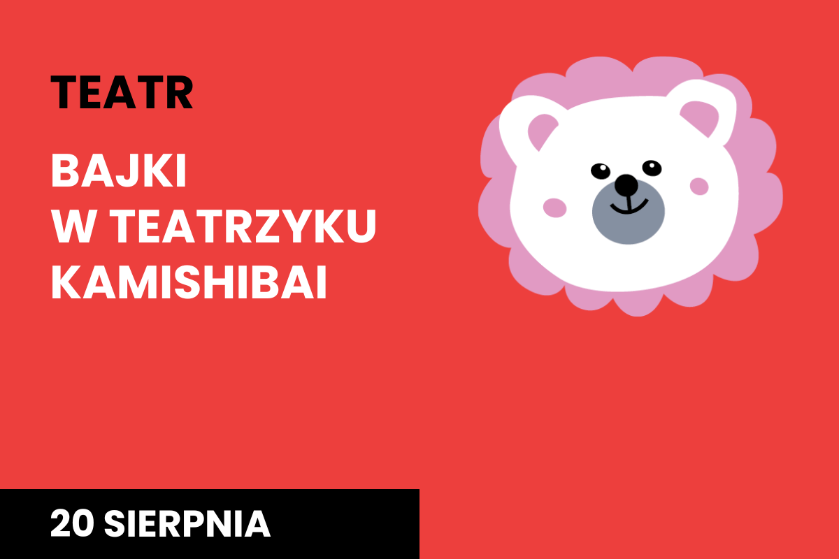 Plakat "Bajki w teatrzyku Kamishibai na 20 sierpnia o 12:00, z różowym prosiakiem na czerwonym tle