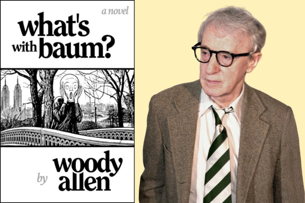 Okładka książki "What's with Baum?" autorstwa Woody'ego Allena z czarno-białą ilustracją postaci na moście w tle miasta, obok kolorowego zdjęcia Woody'ego Allena w okularach, garniturze i pasiastym krawacie na żółtym tle.