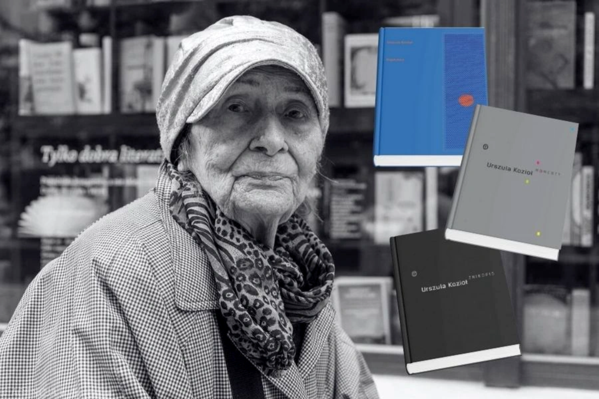 Czarno-biała fotografia Urszuli Kozioł w chustce na głowie i wzorzystym szaliku, siedzącej przed witryną księgarni z napisem "Tylko dobra literatura", z nałożonymi cyfrowo okładkami książek Urszuli Kozioł w różnych kolorach.