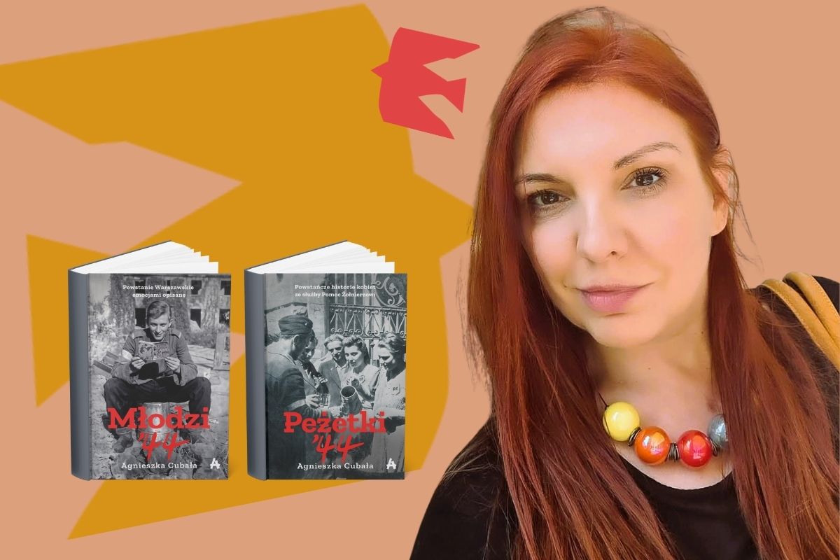 Okładki dwóch książek i kobiet z rudymi włosami na jasnobrązowym tle z dekoracją ptaka