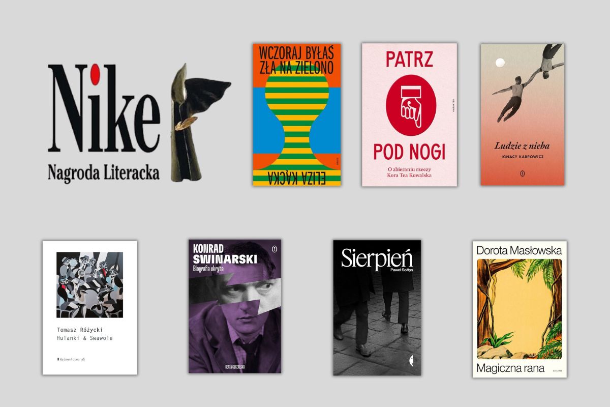 Na szarym tle logo Nagrody Literackiej Nike ze zdjęciem statuetki oraz okładki książek