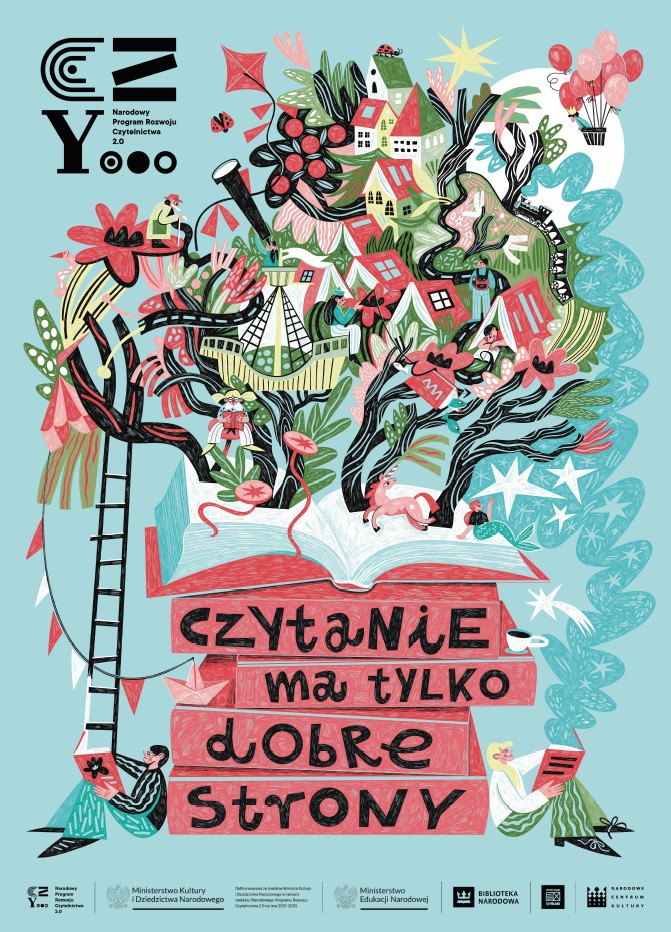 Rysune stosu książek, z których wyrasta kolorowe drzewo, napis: czytanie ma tylko dobre strony