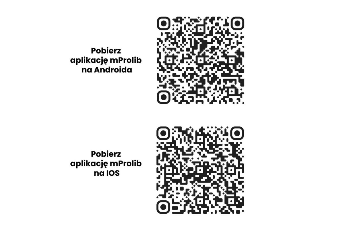 Dwa kody QR, napis:  pobierz aplikację mProlib na Androida/naIOS