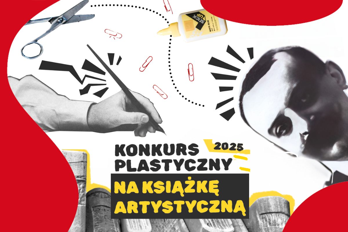 Na białym tle ręka z piórem, głowa Zygmunta Łazarskiegom klej, spinacze, napis: konkurs plastyczny na książkę artystyczną 2025