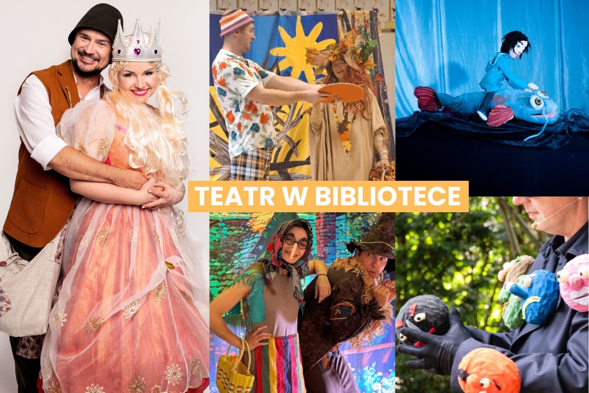 Kolaż zdjęć z różnych spektakli dla dzieci, na środku napis: teatr w bibliotece