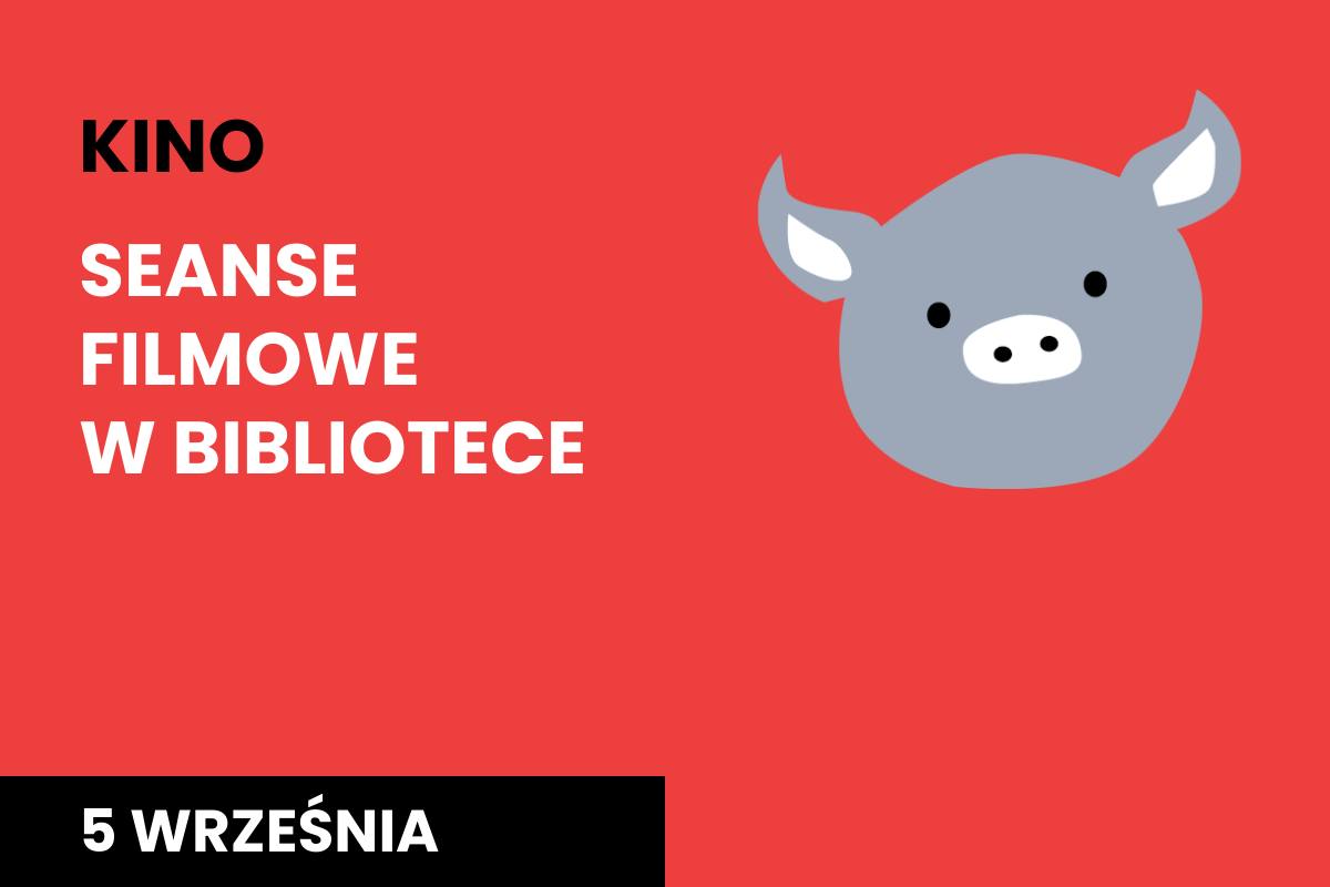 Rysunek twarzy szarej świnki na czerwonym tle.