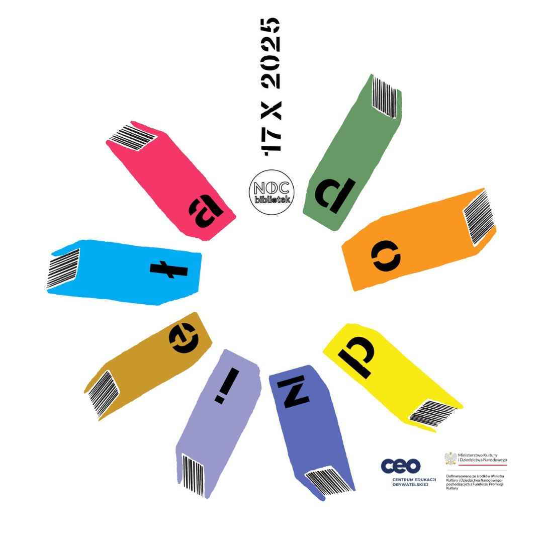Rysunek książek ułożonych w kółko, data 17 X 2025, logo Nocy Bibliotek