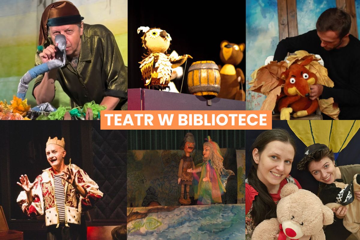 Kolaż zdjęć z przedstawień teatralnych dla dzieci, na pomarańczowym tle napis: Teatr w bibliotece