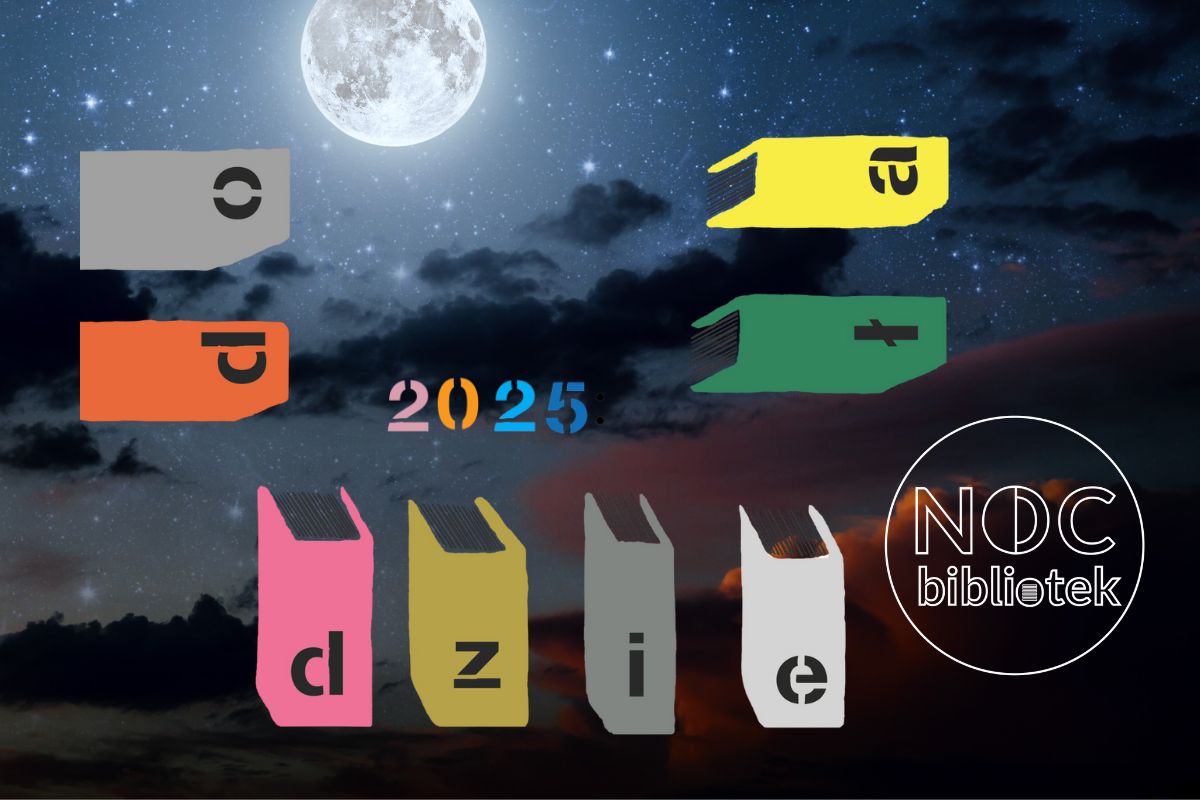 Na tle nocnego nieba logo Noc Bibliotek, rysunki książek, napis: 2025