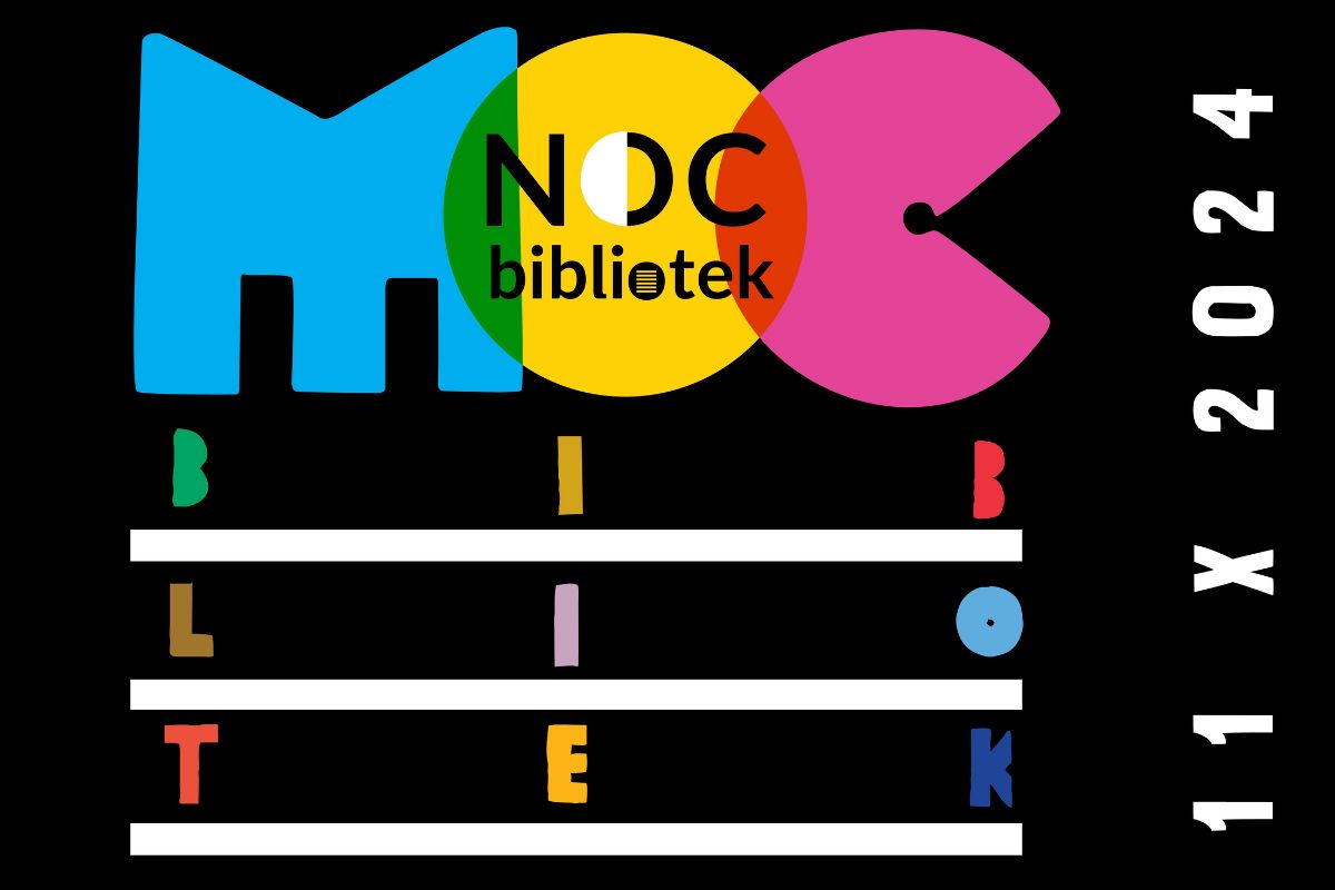 Na czarnym tle stylizowany kolorowy napis Moc/Noc bibliotek, z prawej data: 11 X 2024