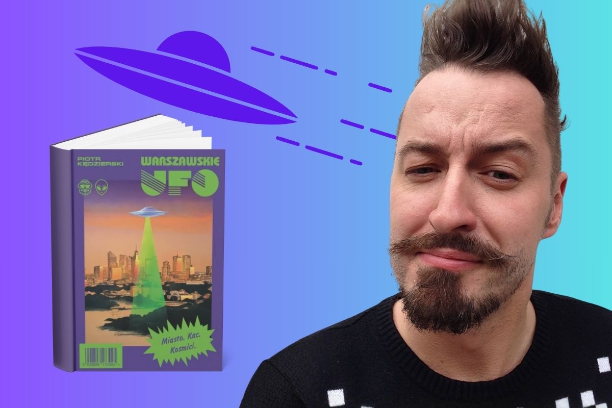 Mężczyzna z wąsami, brodą i irokezem, na niebiesko=fioletowym tle z rysunkiem UFO, z lewej wmontowana okładka książki