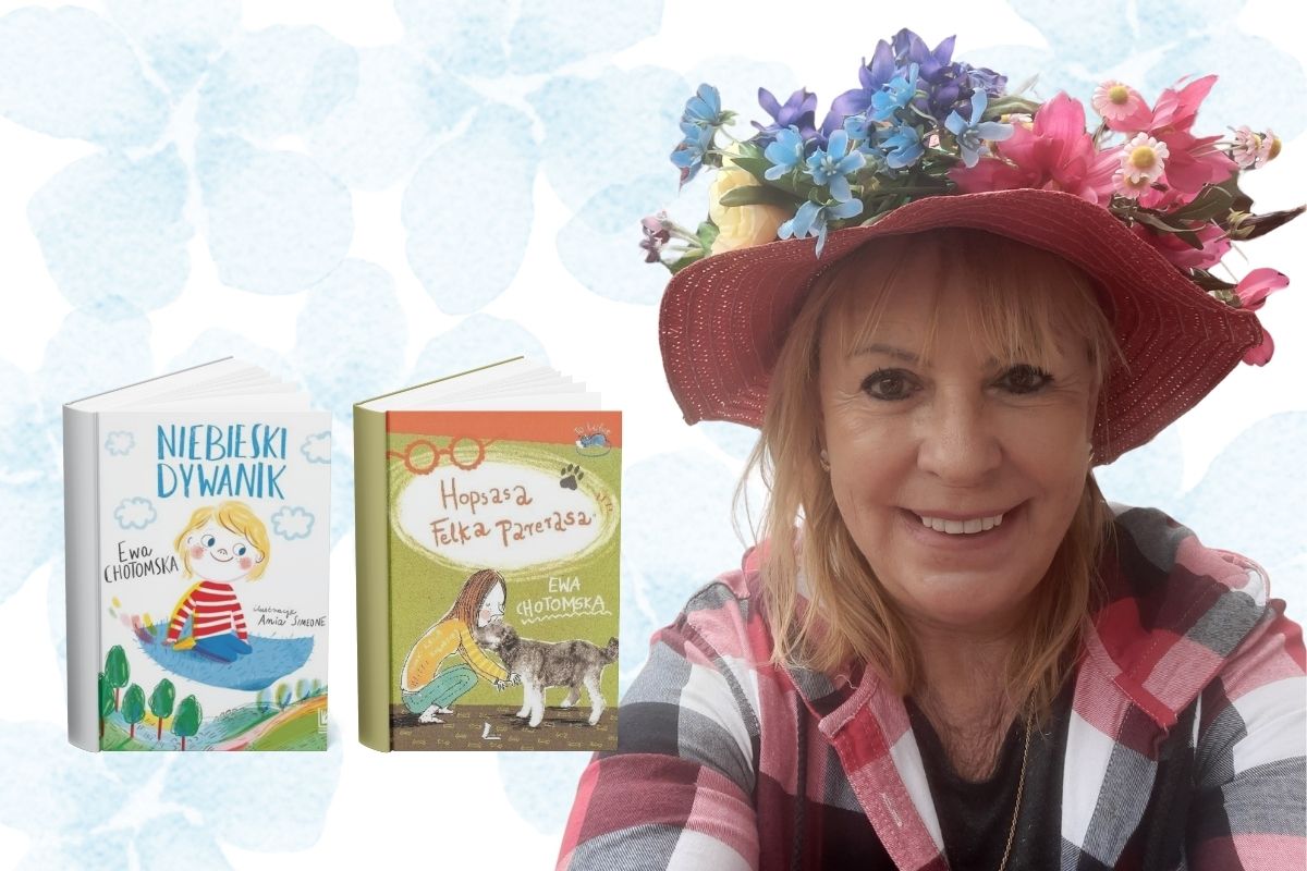 Uśmiechnięta kobieta w kapeluszu z kolorowymi kwiatami, po lewej okładki dwóch książek