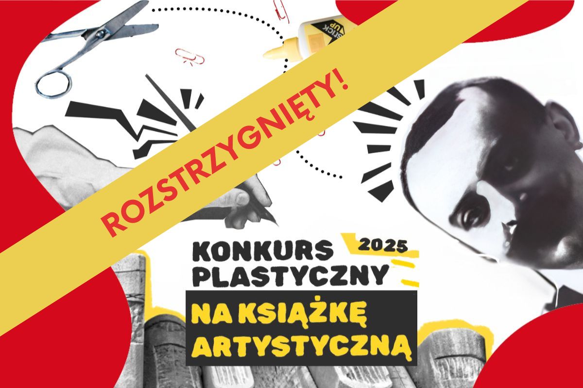 Przybory plastyczne, głowa Zygmunta Łazarskiego, napis: Konkurs plastyczny na książkę artystyczną 2025 rozstrzygnięty