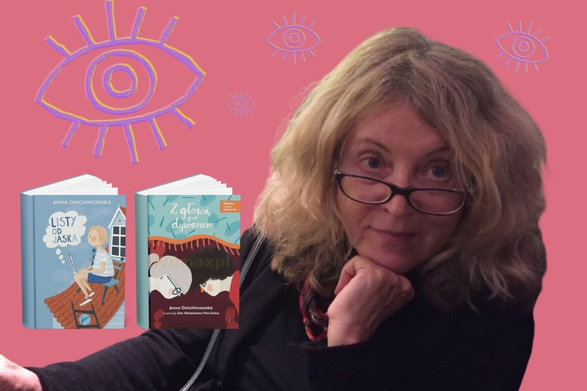 Na różowym tle kobieta w okularach podpiera podbródek ręką, z lewej okładki dwóch książek, elementy graficzne oko