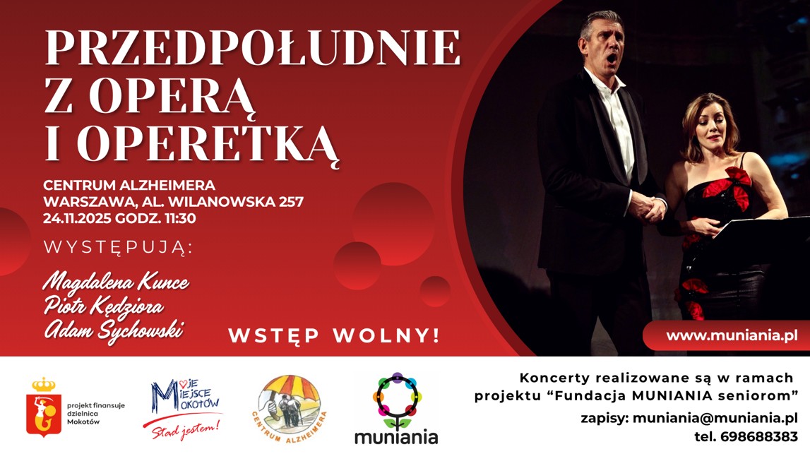 Eleganccy mężczyzna i kobieta śpiewający arie operowe, na czerwonym tle napisy - treść zawarta w artykule