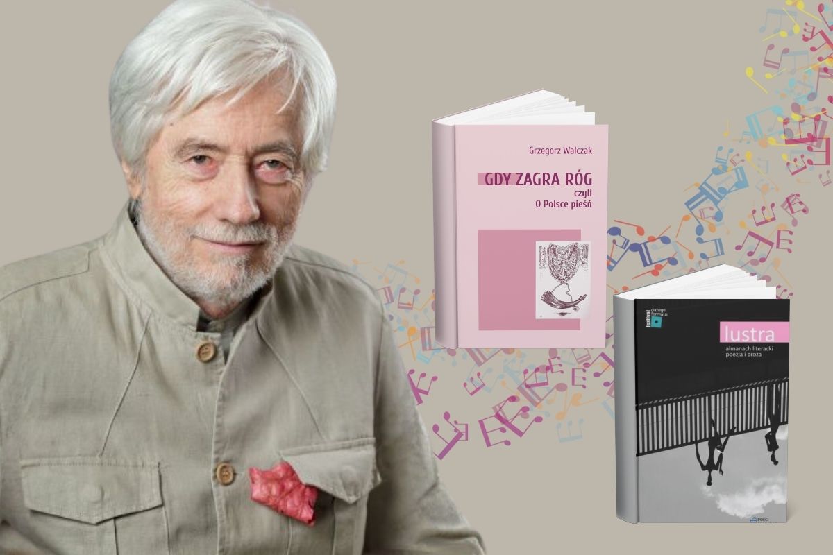 Mężczyzna z siwymi włosami i brodą na beżowym tle, z prawej okładki jego dwóch książek