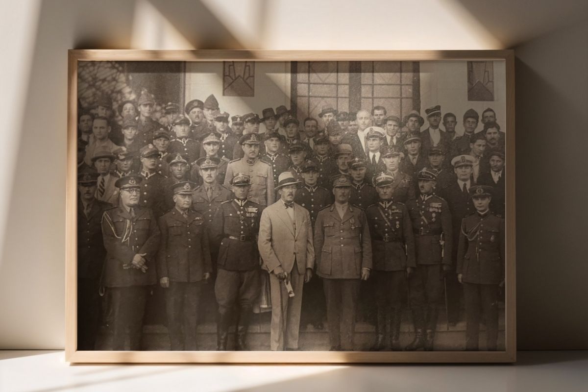 Oparty o białą ścianę sepiowy obraz w ramie przedstawiający grupę żołnierzy z p[oczątku XX wieku.