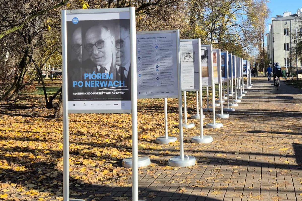 Stojaki z wystawą plenerową, jesienny krajobraz z żółtymi liśćmi