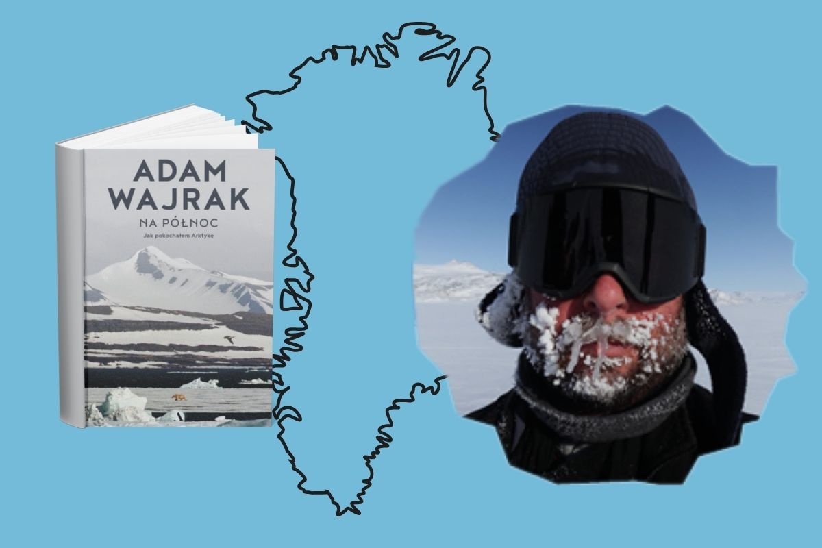 Na błękitnym tle okładka książki, zarys Grenlandii, mężczyzna w czarnych goglach, czapce i z zamarzniętymi wąsami