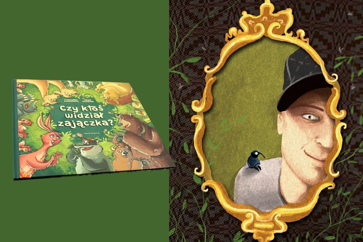 Okładka książki na zielonym tle, rysunek podobizny autora w ramie obrazu