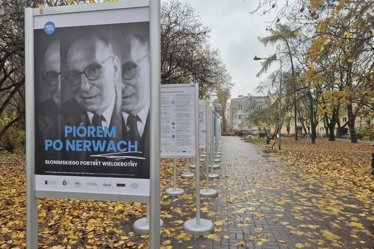 Stojaki z wystawą plenerową, jesienny krajobraz, chodnik z żółtymi liśćmi