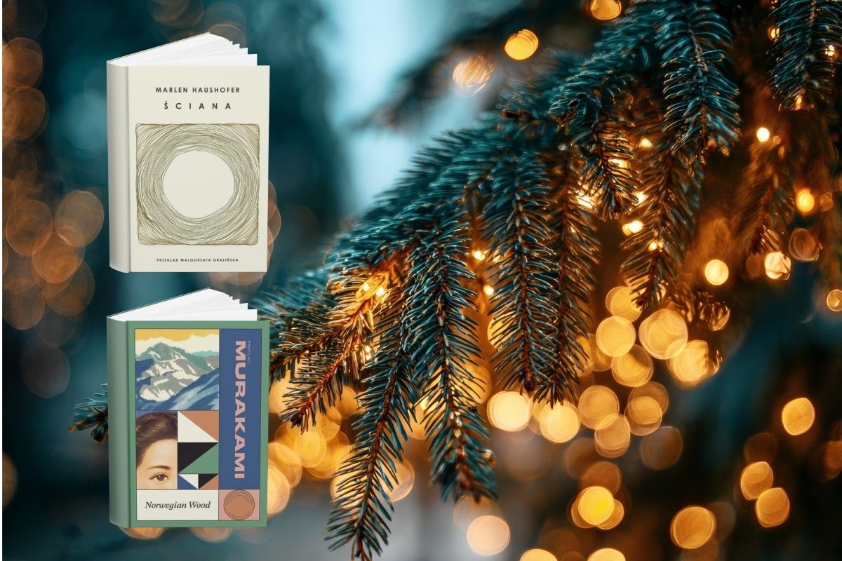 Świerkowa gałązka ze świątecznymi światełkami, z lewej dwie okładki książek