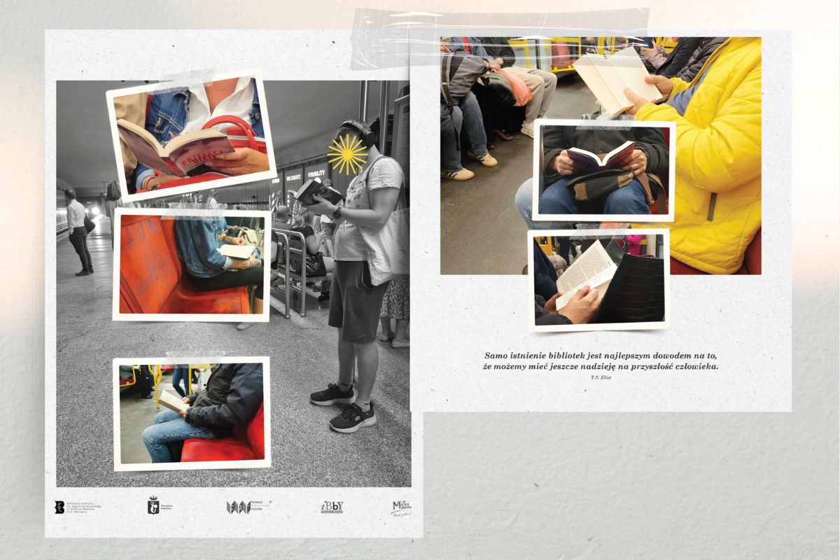 Na beżowym tle przyklejone plastrem plansze wystawy "Następna stacja: Biblioteka", na zdjęciach czytający ludzie