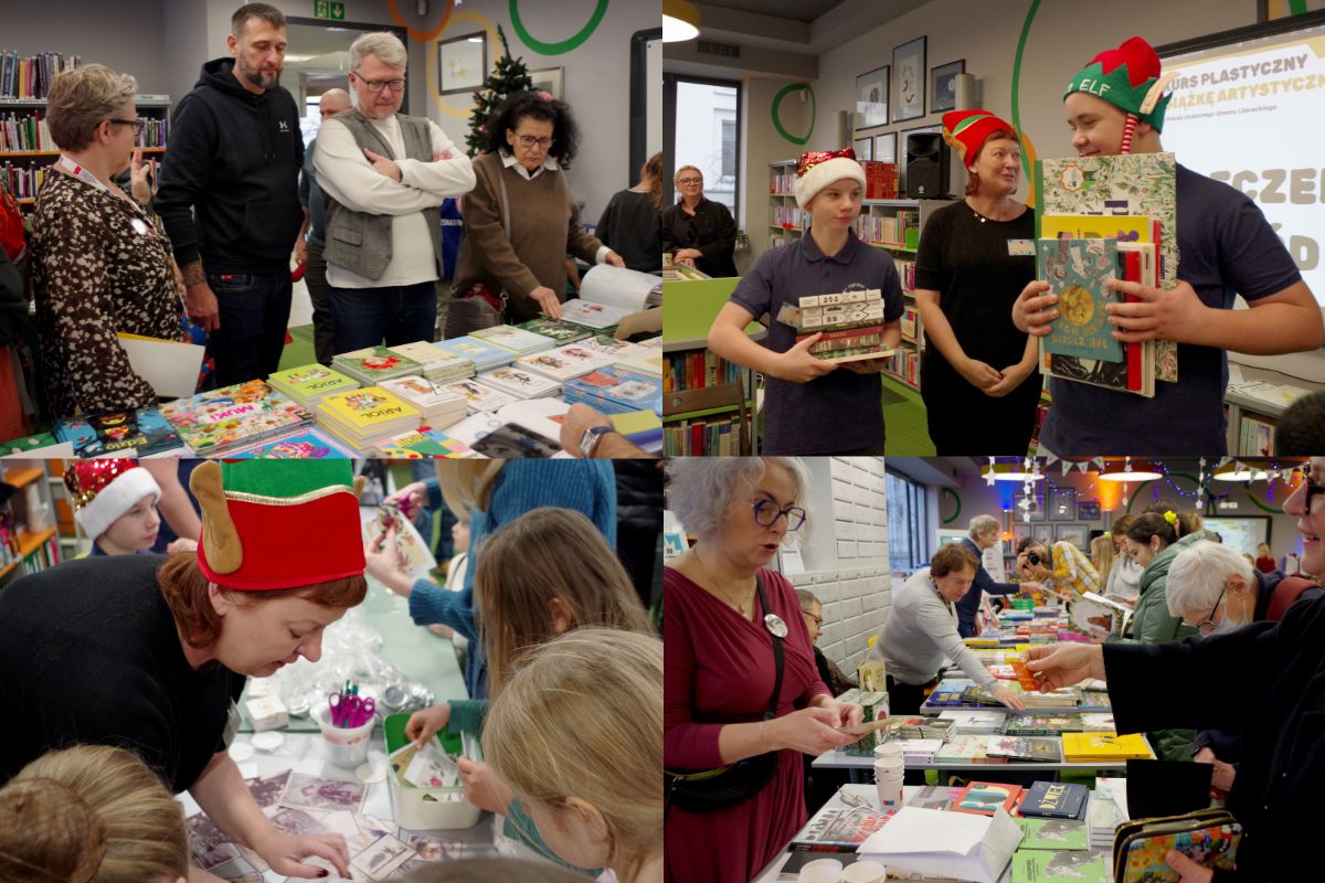 Kolaż zdjęć z Mokotowskiego Kiermaszu Książki dla Dzieci i Młodzieży