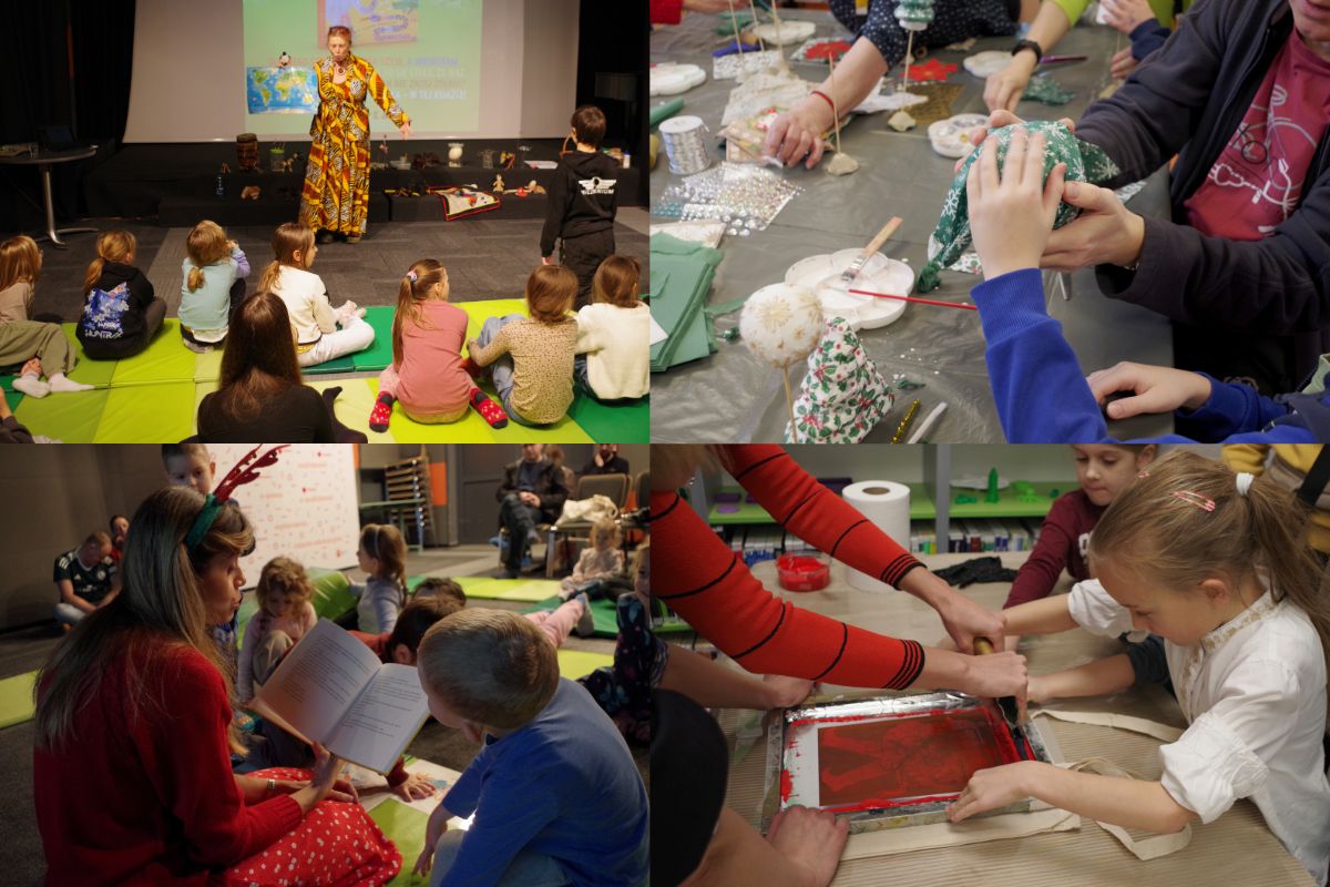 Kolaż zdjęć z Mokotowskiego Kiermaszu Książki dla Dzieci i Młodzieży