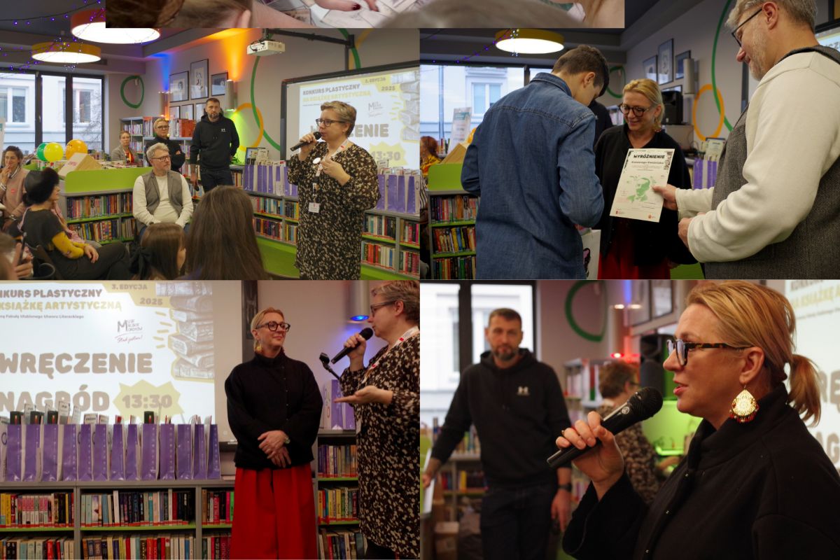 Kolaż zdjęć z Mokotowskiego Kiermaszu Książki dla Dzieci i Młodzieży