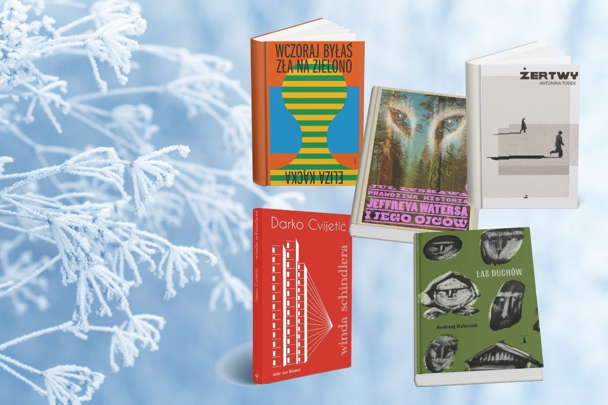 Na tle zamarzniętych gałązek pięć okładek książek nagrodzonych w 2025 roku