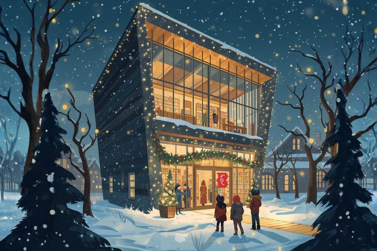 Budynek biblioteki w zimowej aurze, świąteczny nastrój, światełka