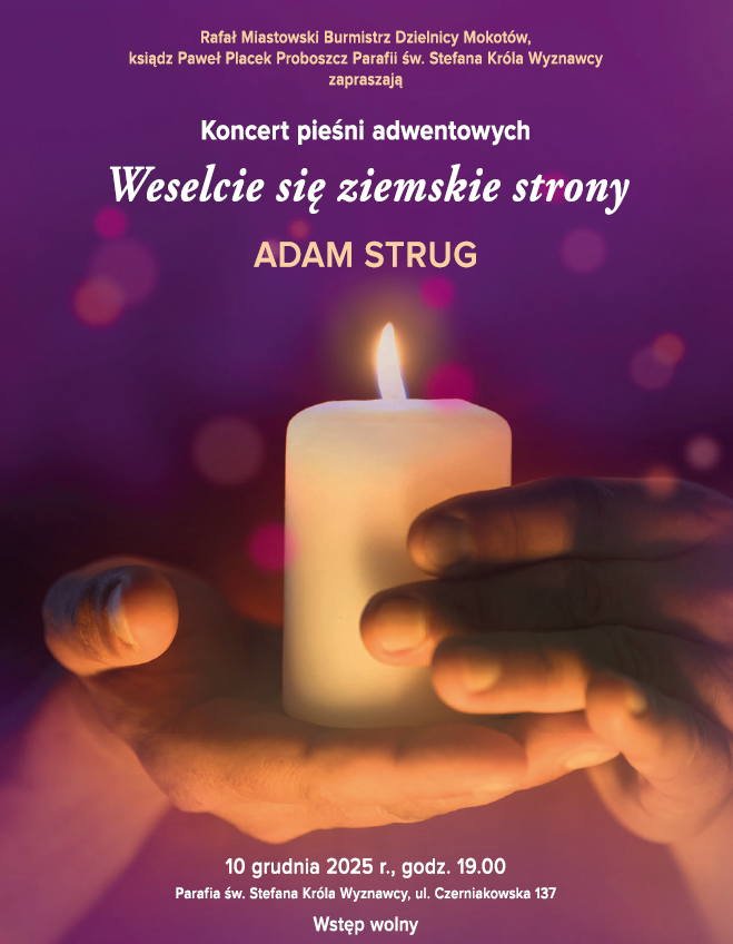 Na fioletowym tle ręce trzymające zapaloną świecę, napisy zawarte w treści artykułu