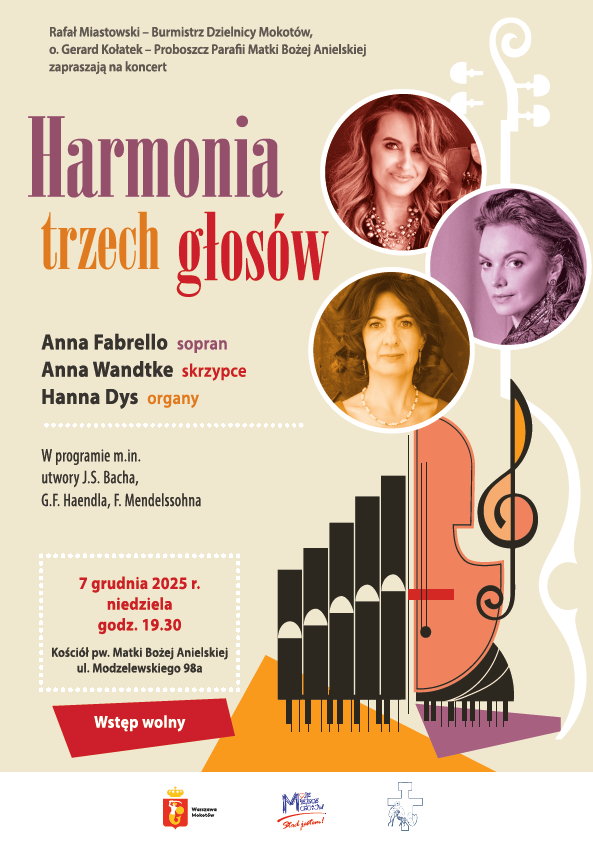 Na beżowym tle trzy kobiety w kulistych ramkach, stylizowany rysunek instrumentów, napisy zawarte w treści artykułu