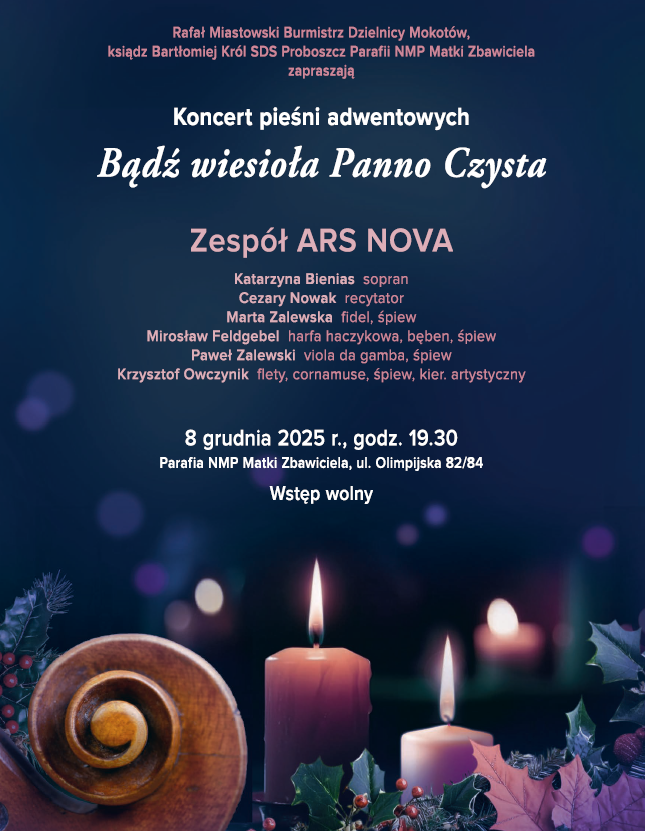 Na granatowym tle zapalone świece i gałązki ostrokrzewu, napis zawarty w treści artykułu