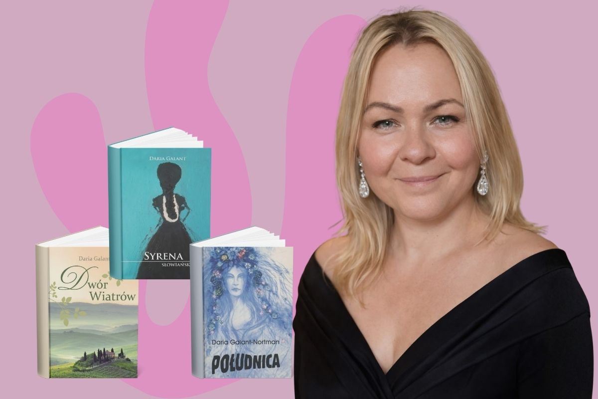 Na różowym tle kobieta z blond włosami w czarnej wydekoltowanej sukni, z lewej okładki trzech książek