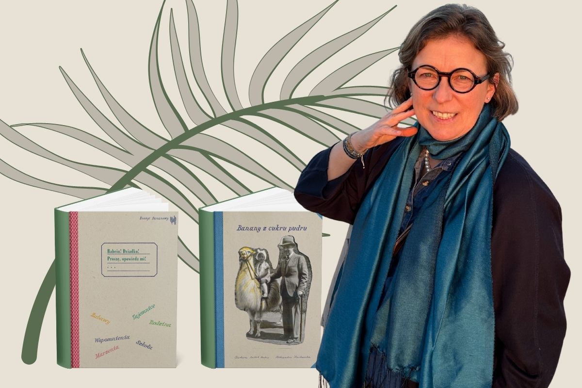 Kobieta w okularach opiera ramię o książkę, z lewej dwie okładki książek, w tle liść