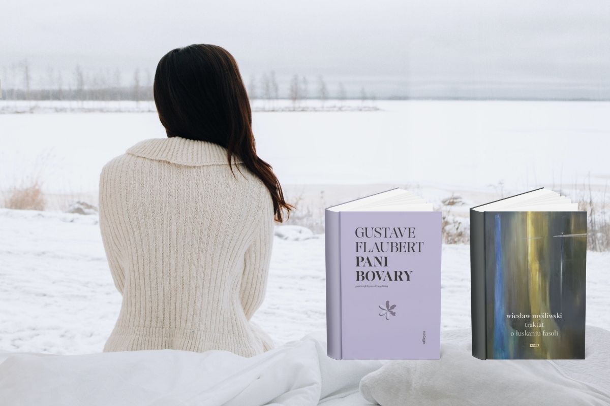 Na tle zimowego krajobrazu kobieta z ciemnymi włosami siedząca tyłem, z prawej okładki dwóch książek