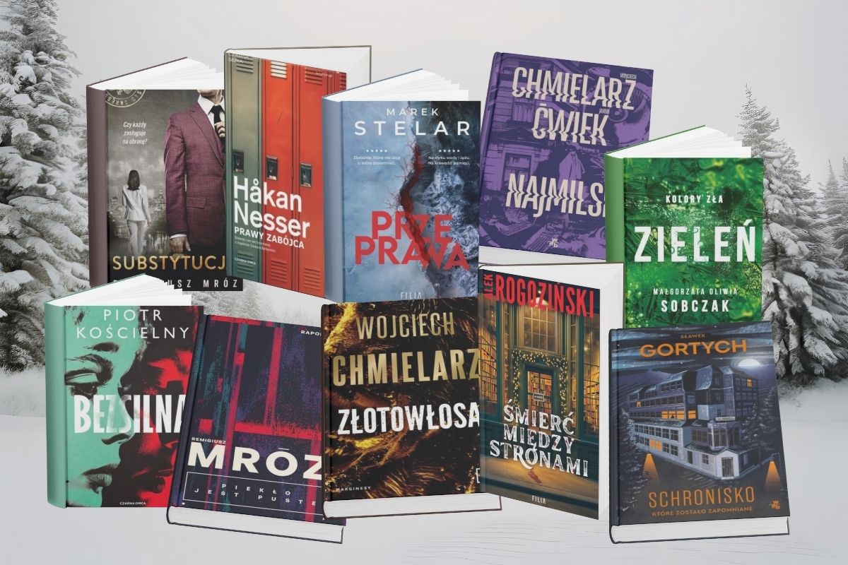Na tle ośnieżonych drzew okładki 10 książek - tytuły wymienione w tekście artykułu