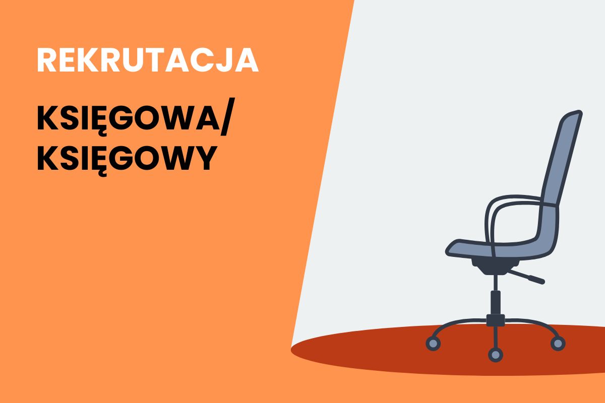 Na pomarańczowym tle napis: rekrutacja: księgowa/księgowy, ozdobny element graficzny fotela biurowego w świetle reflektora