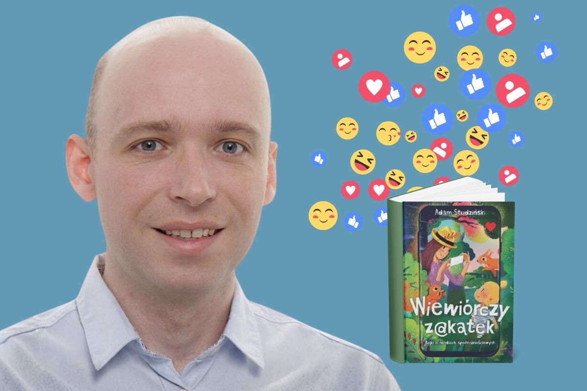 Na niebieskim tle uśmiechnięty mężczyzna, z prawej okładka książki, zza niej wysypują się emotikony