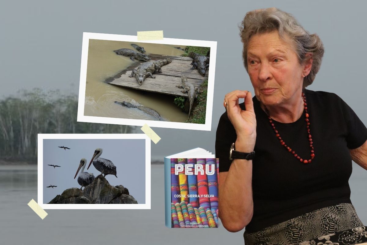 Na tle krajobrazu z jeziorem gestykulująca kobieta, po lewej okładka książki i dwie fotografie z podróży do Peru