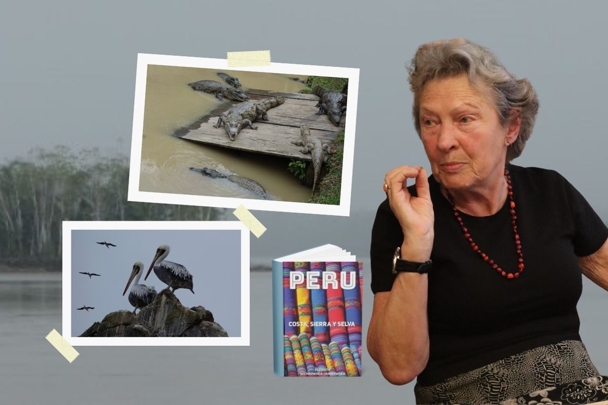Na tle krajobrazu z jeziorem gestykulująca kobieta, po lewej okładka książki i dwie fotografie z podróży do Peru