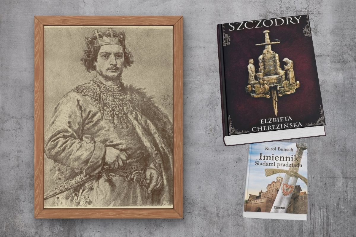Na szarym tle obraz z wizerunkiem Bolesława Śmiałego, prawej okładki dwóch książek