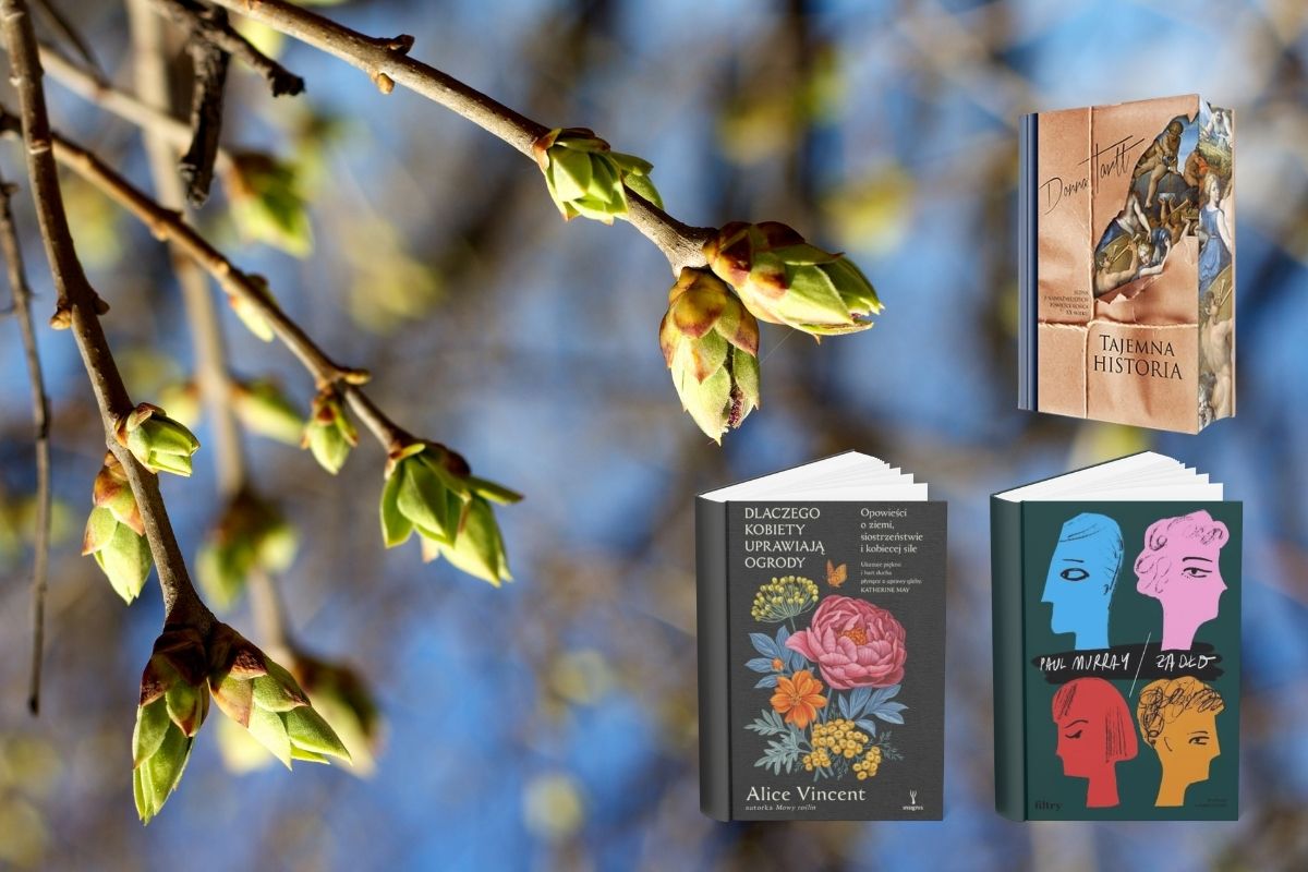 Młode pączki na gałęzi na tle błękitnego nieba, z prawej trzy okładki książek