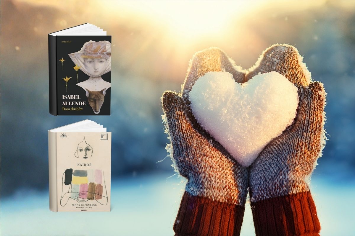 D łonie w rękawiczkach trzymające śnieżkę w kształcie serca, z lewej okładki dwóch książek, w tle zachód słońca i śnieg