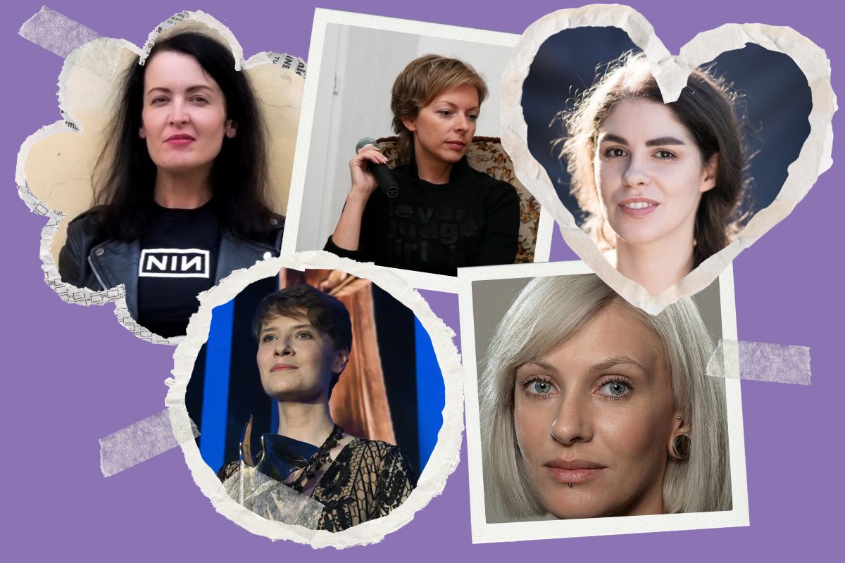 Na fioletowym tle główki pięciu polskich pisarek w ramach o różnym kształcie